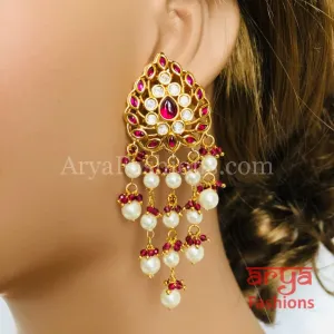 Anaira Golden Ruby Kundan Earrings with Pearl Beads