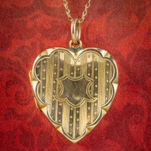 Antique Victorian Heart Locket Necklace 9ct Gold Circa 1900