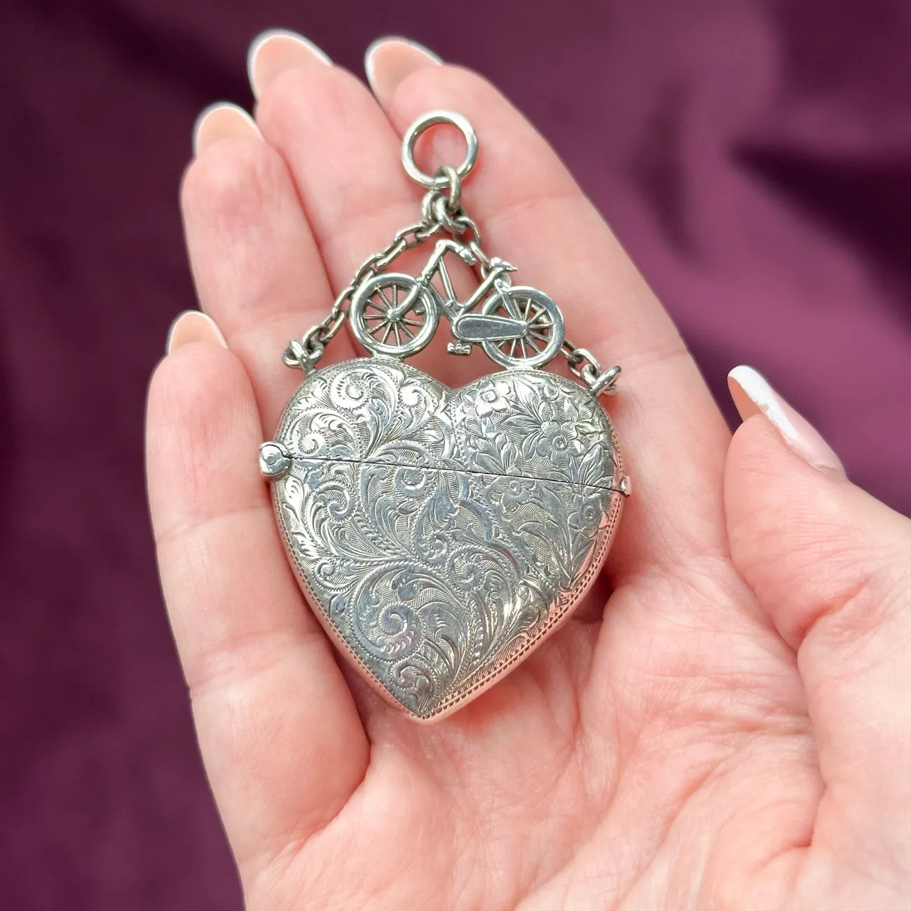 Antique Victorian Silver Heart And Bicycle Vesta Case Pendant Dated 1897