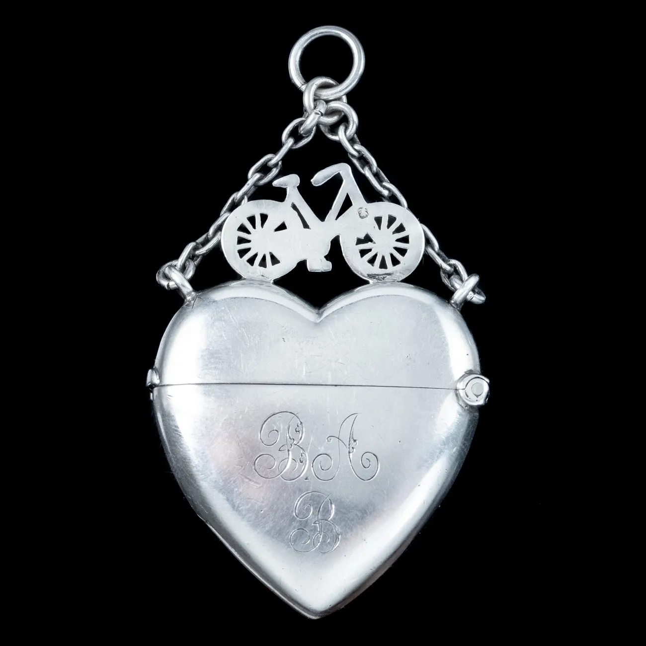 Antique Victorian Silver Heart And Bicycle Vesta Case Pendant Dated 1897