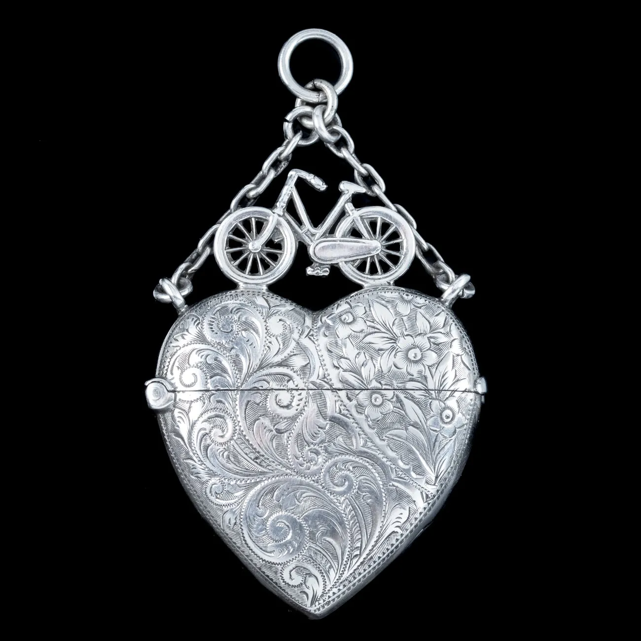 Antique Victorian Silver Heart And Bicycle Vesta Case Pendant Dated 1897