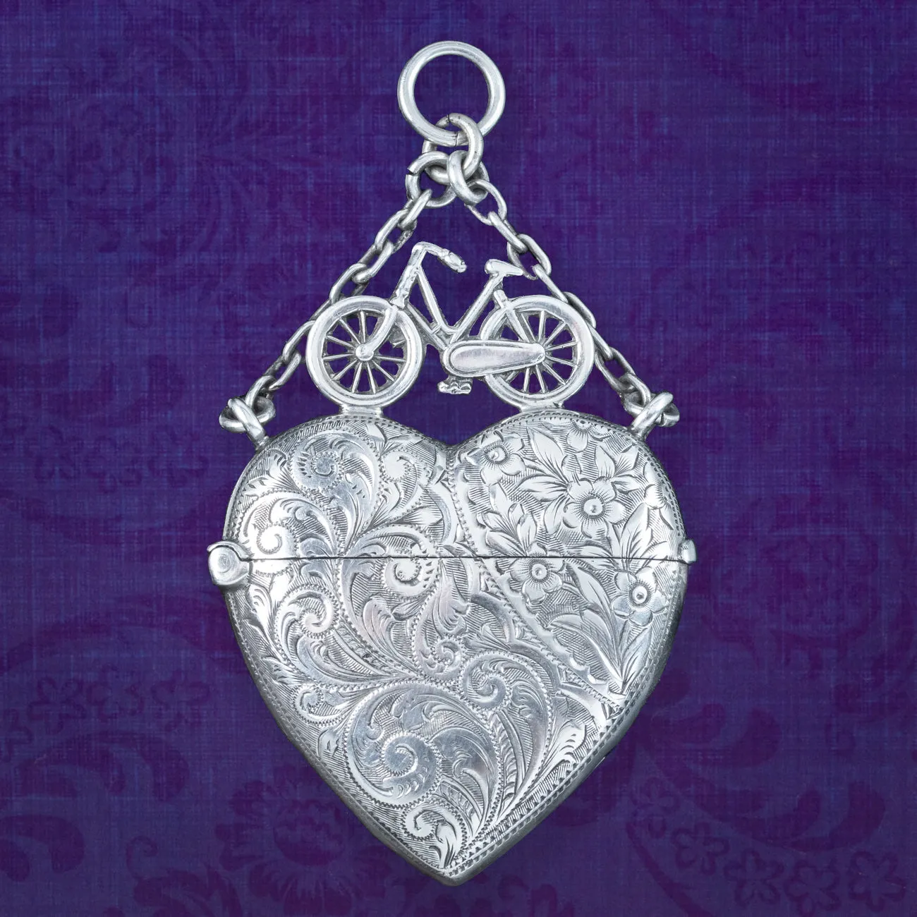 Antique Victorian Silver Heart And Bicycle Vesta Case Pendant Dated 1897