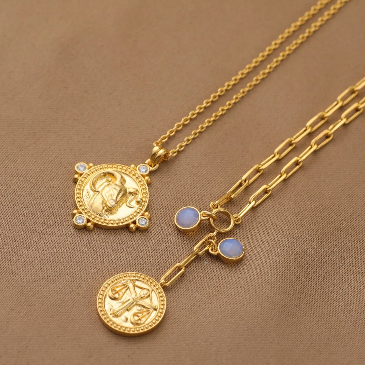 Aquamarine Pisces Zodiac Coin Gold Plated Silver Necklace