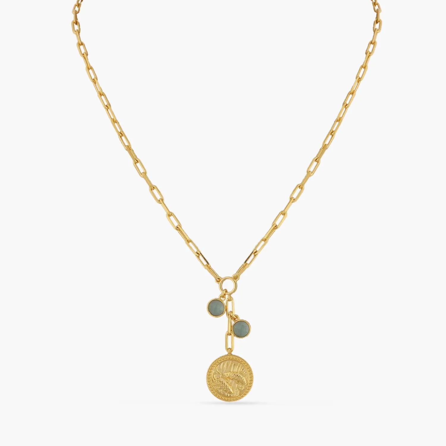 Aquamarine Pisces Zodiac Coin Gold Plated Silver Necklace