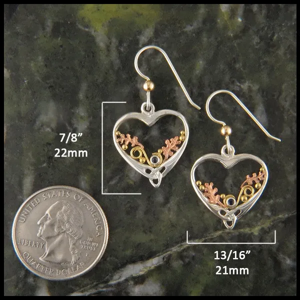 Autumn's Heart & Oak Leaf Earrings in Silver and Gold