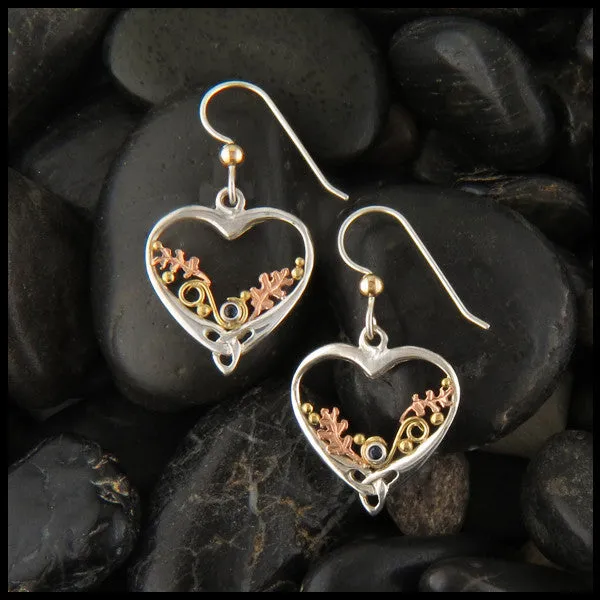 Autumn's Heart & Oak Leaf Earrings in Silver and Gold