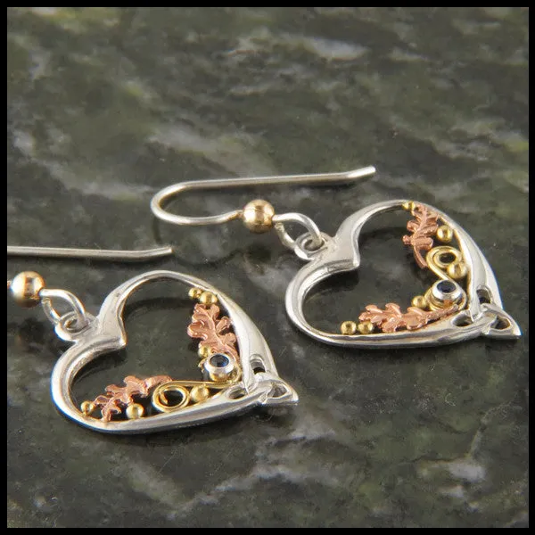 Autumn's Heart & Oak Leaf Earrings in Silver and Gold