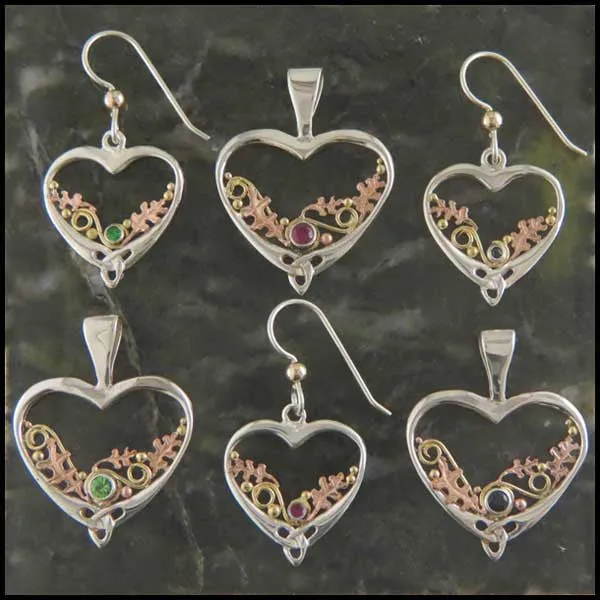 Autumn's Heart Pendant and Earring Set with Sapphire, Tsavorite, or Ruby