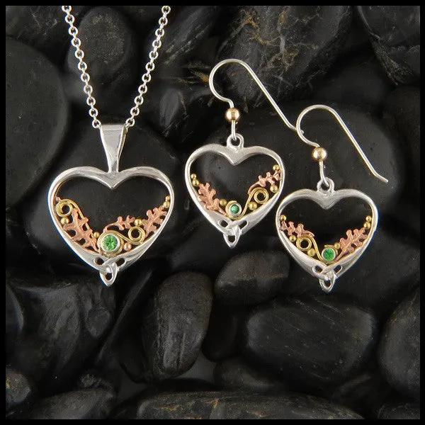 Autumn's Heart Pendant and Earring Set with Sapphire, Tsavorite, or Ruby