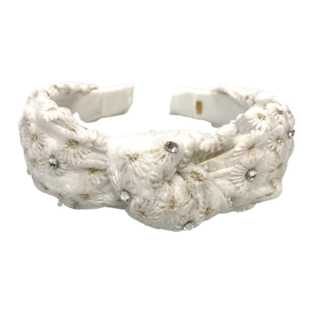 Bari Lynn Daisy Twist Knot Headband with Crystals - White