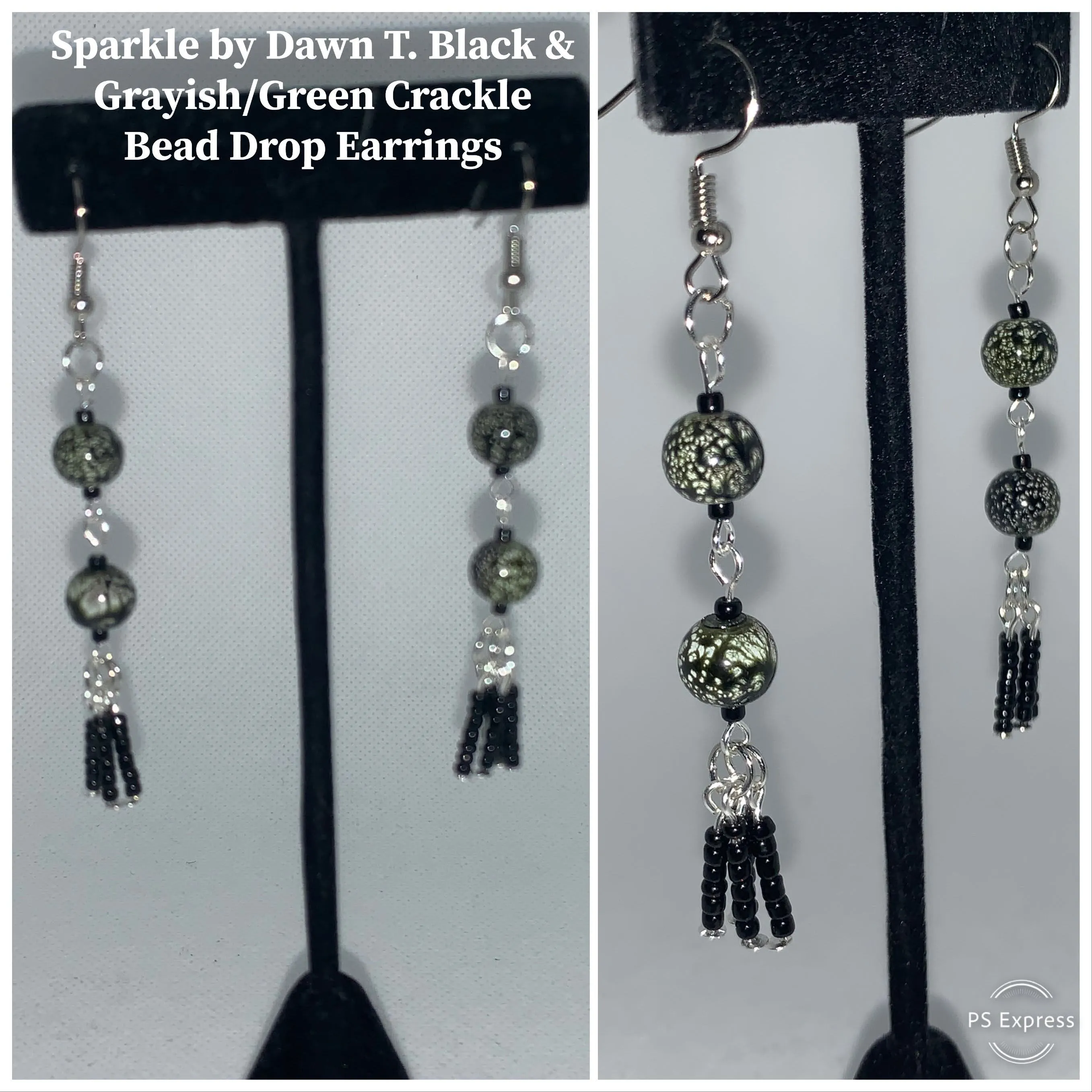 Black_Green Crackle Beaded Bracelet and Earrings