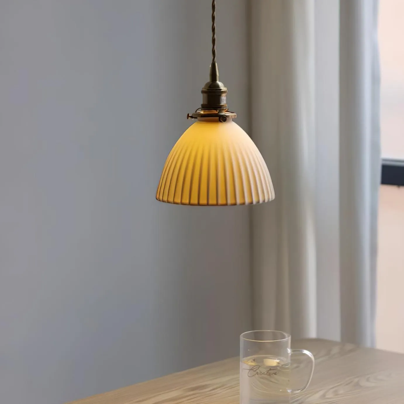 Brass Pleated Ceramic Pendant Lamp