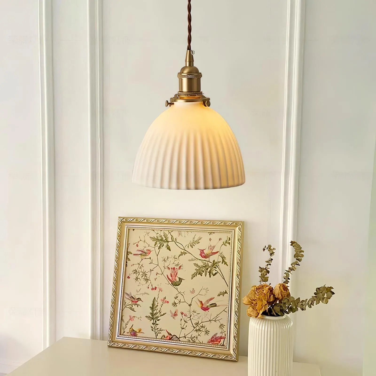 Brass Pleated Ceramic Pendant Lamp