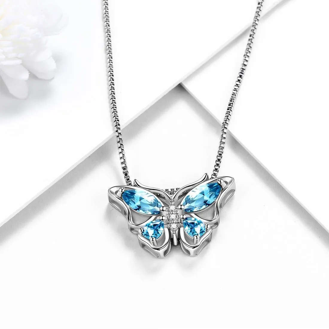 Butterfly Pendant Necklace Birthstone March Aquamarine Women Girls Jewelry Birthday Gift