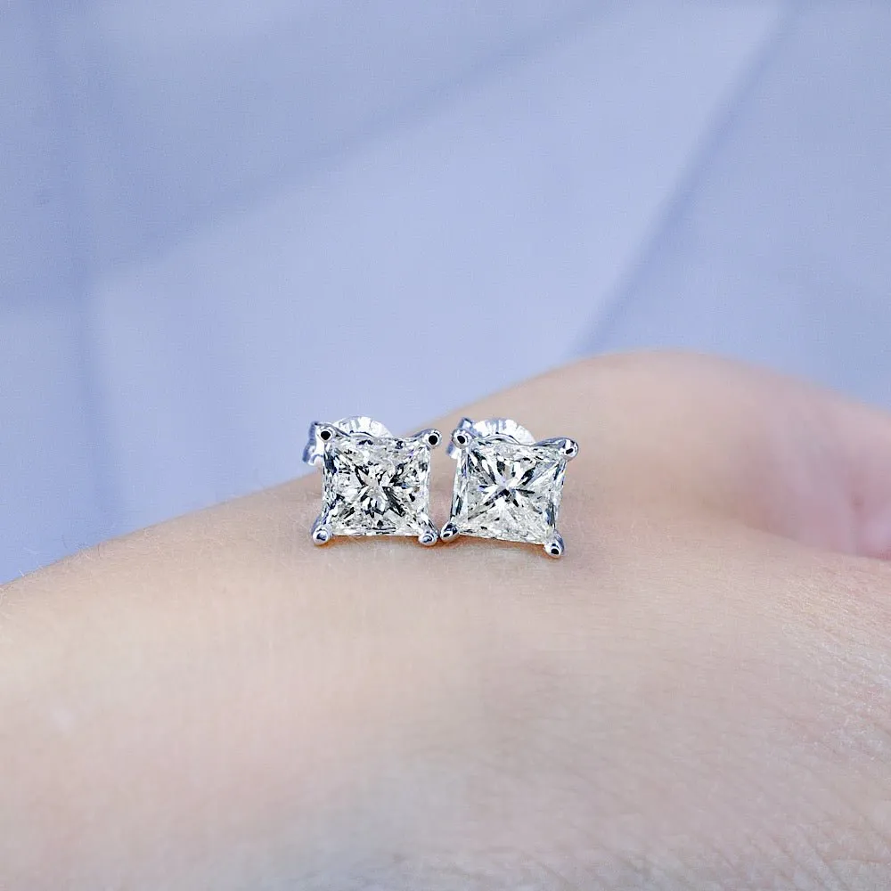 Certified 2.00CT Princess Cut Diamond Stud Earrings in 14KT White Gold