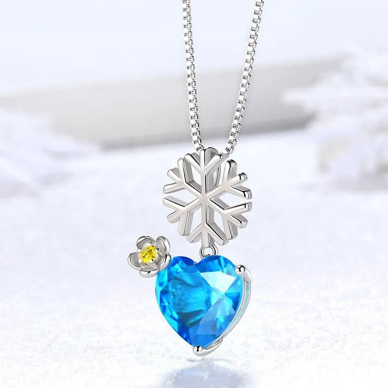 Christmas Snowflake Heart Pendant Necklace Jewelry Women Girls Christmas Gift Sterling Silver