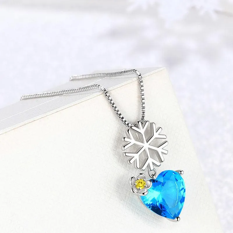 Christmas Snowflake Heart Pendant Necklace Jewelry Women Girls Christmas Gift Sterling Silver