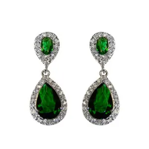 Classic Drop Design With 2 Center Emerald Color CZ Brass Earrings