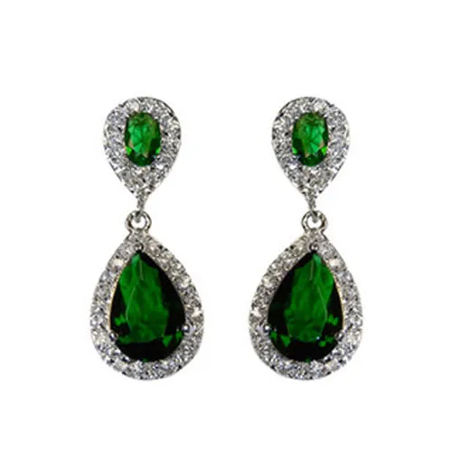 Classic Drop Design With 2 Center Emerald Color CZ Brass Earrings