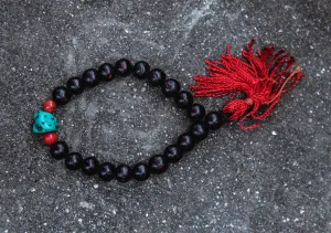 Dark Rosewood Wrist Mala with Turquoise and Coral Spacer