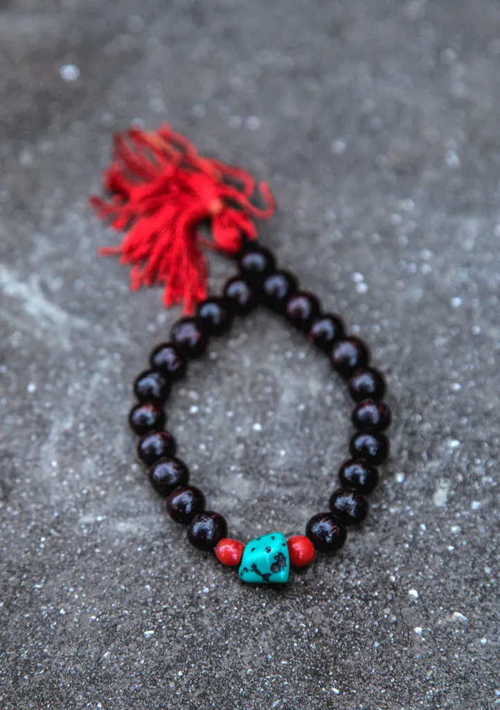 Dark Rosewood Wrist Mala with Turquoise and Coral Spacer