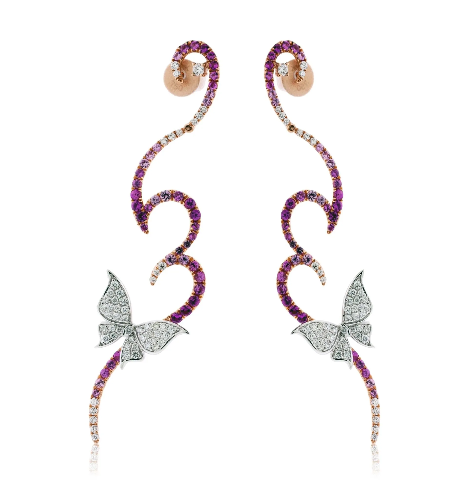 Diamond & Pink Sapphire Dangle Butterfly Earrings