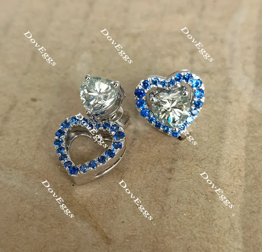 Doveggs heart peacock blue halo screw back moissanite and colored gem/lab grown diamond earrings