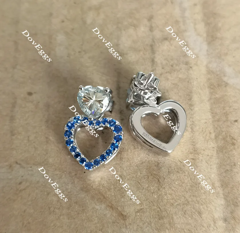 Doveggs heart peacock blue halo screw back moissanite and colored gem/lab grown diamond earrings