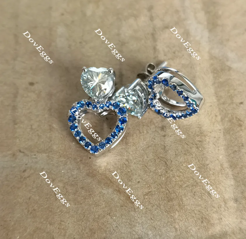 Doveggs heart peacock blue halo screw back moissanite and colored gem/lab grown diamond earrings