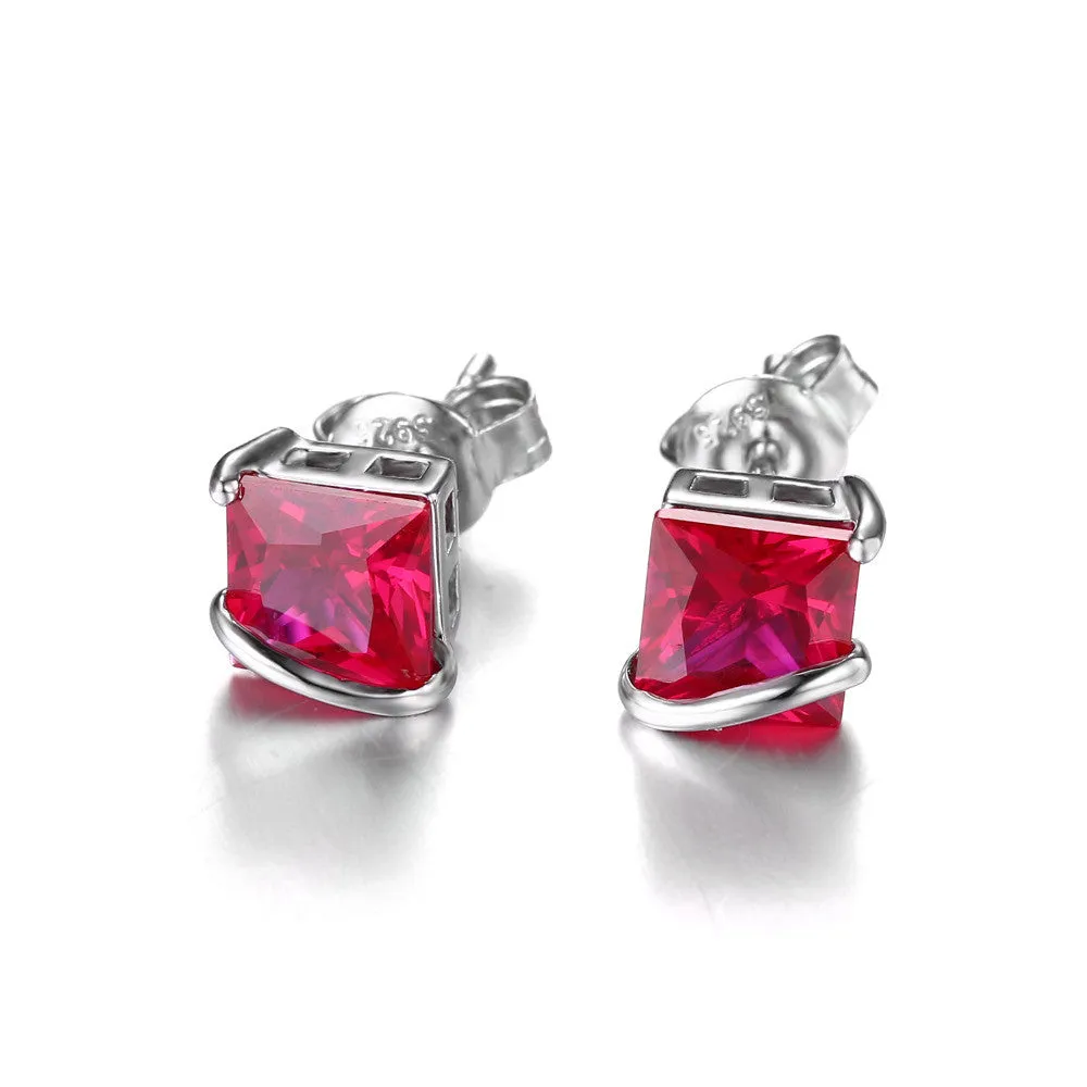 Earrings 2.8ct Created Red Ruby Stud Earrings Charm 925 Sterling Silver