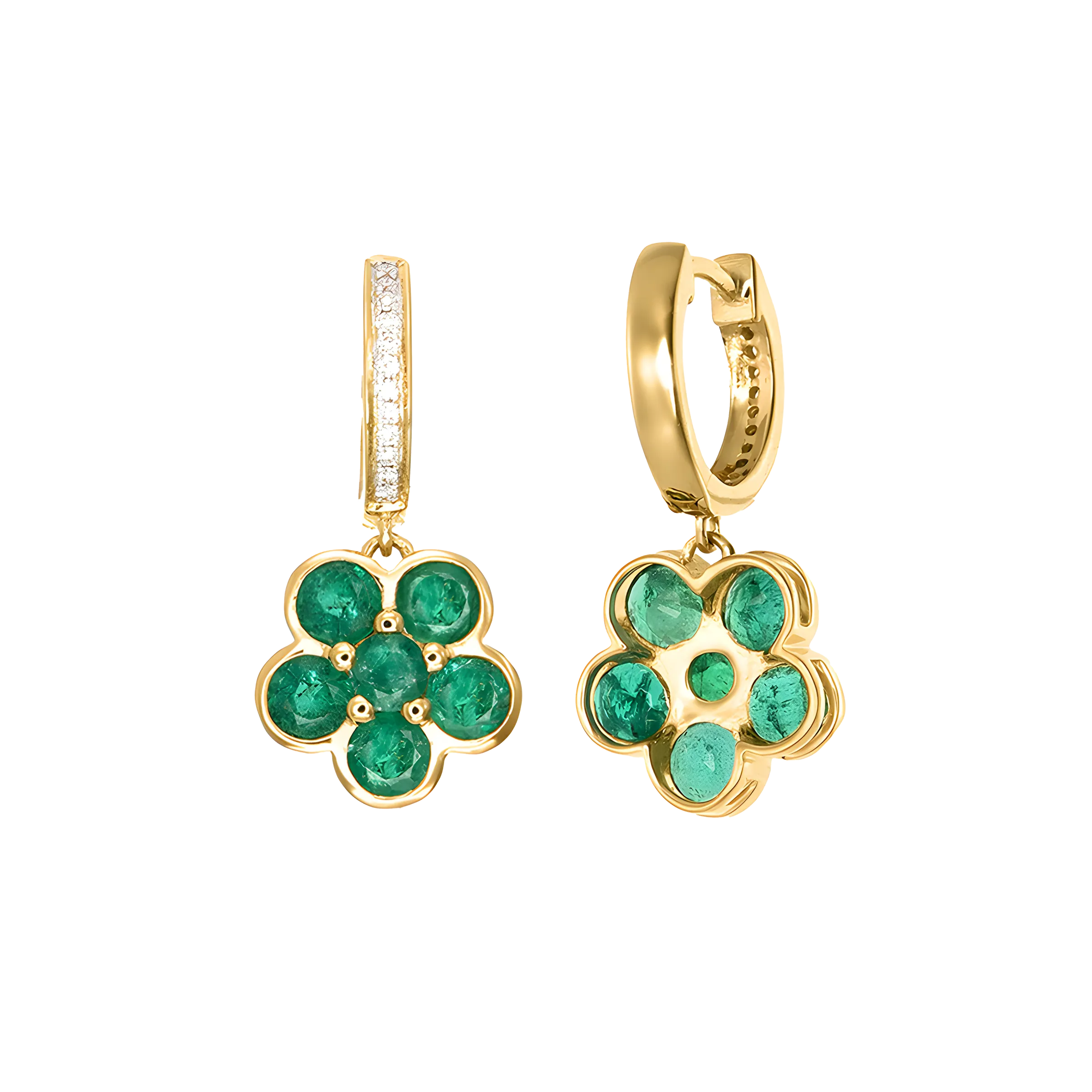 Emerald and Diamond Floral Cluster Drop Earrings in 18k Yellow Gold