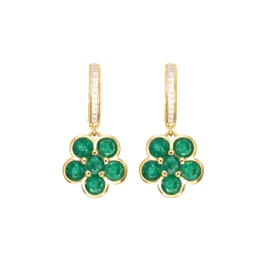 Emerald and Diamond Floral Cluster Drop Earrings in 18k Yellow Gold