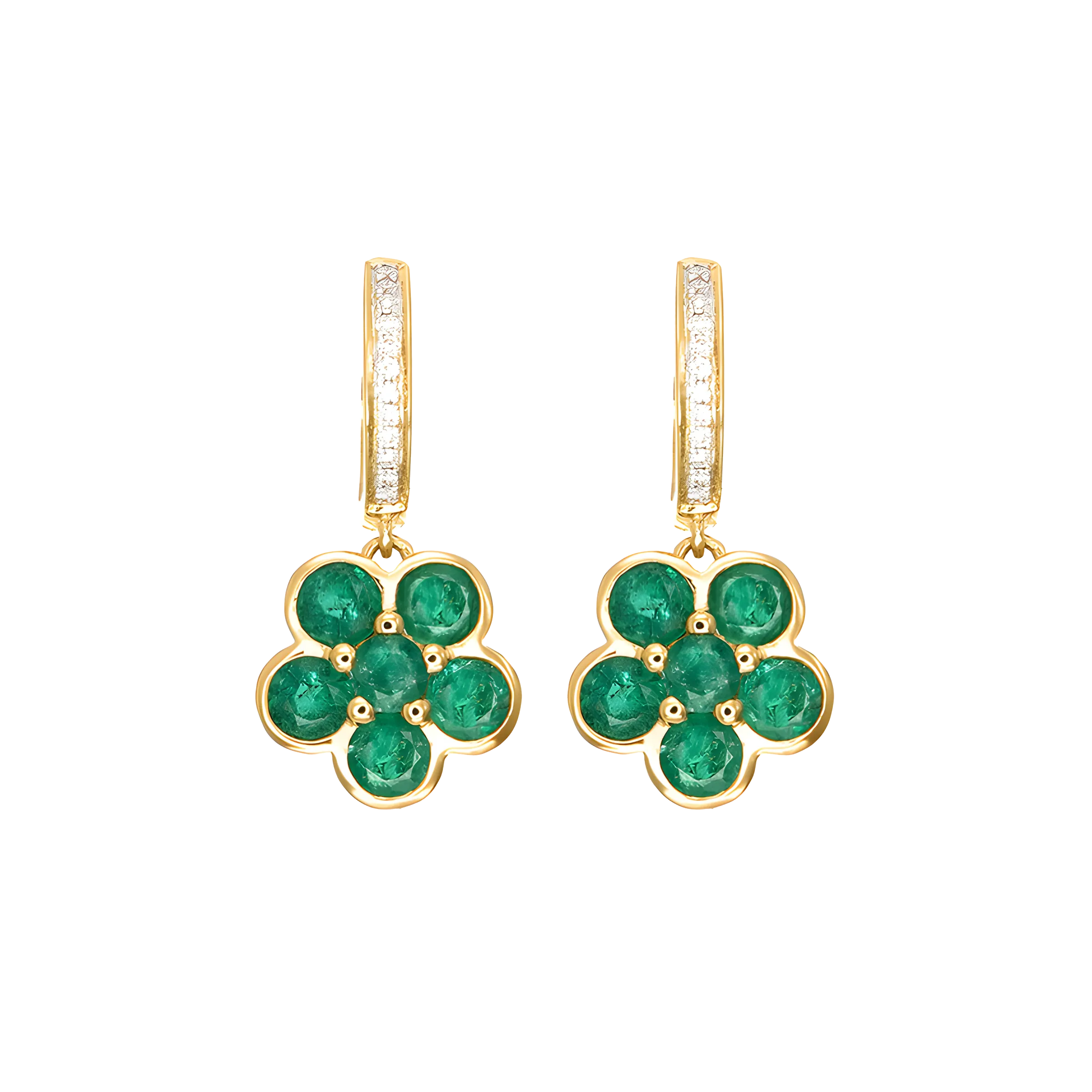 Emerald and Diamond Floral Cluster Drop Earrings in 18k Yellow Gold