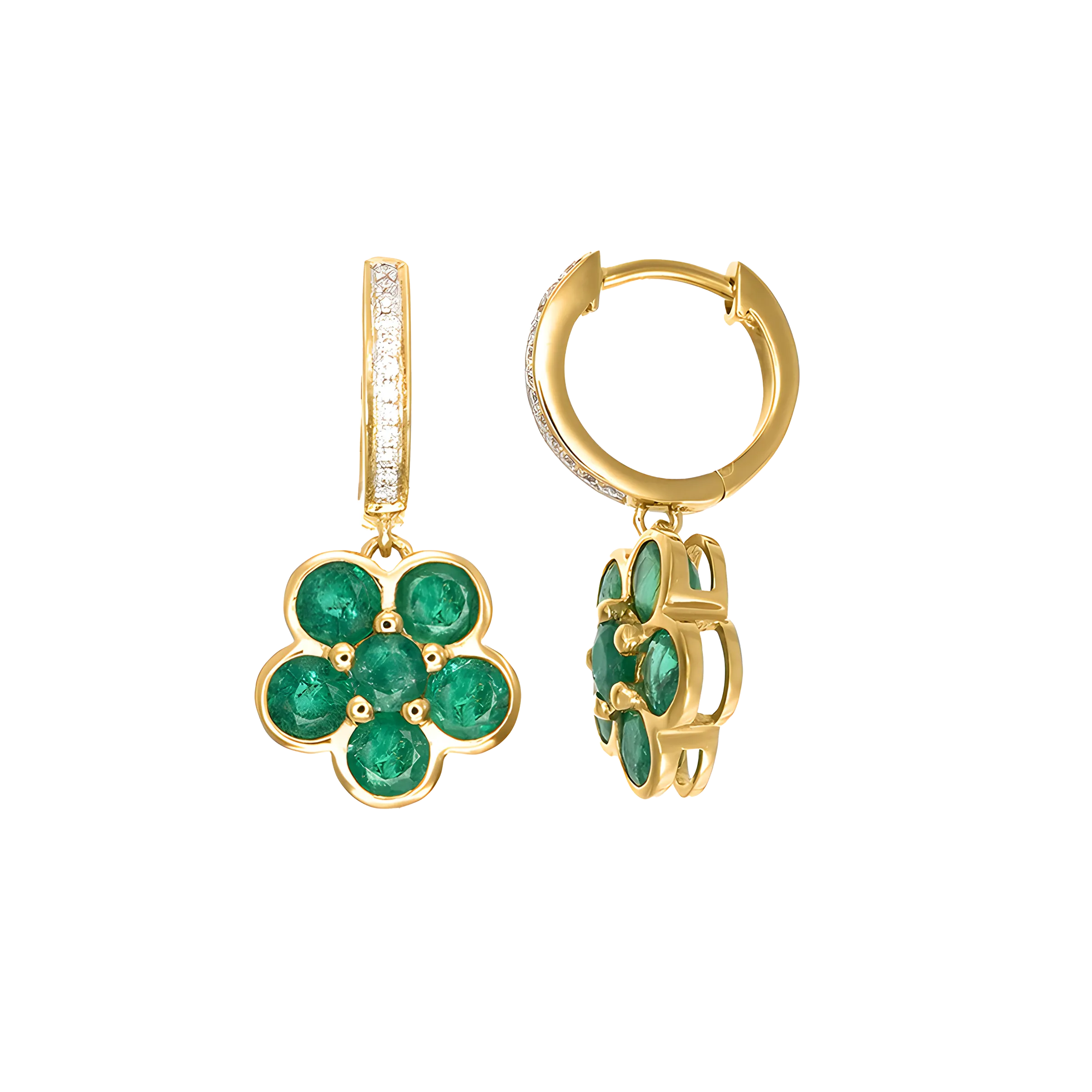 Emerald and Diamond Floral Cluster Drop Earrings in 18k Yellow Gold