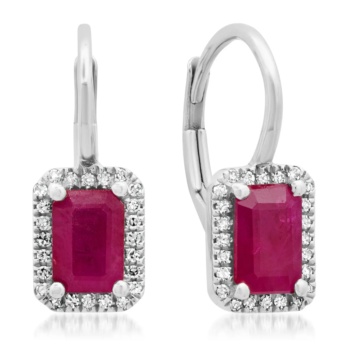 Emerald Cut Ruby with Diamond Halo Hinge Back Earrings