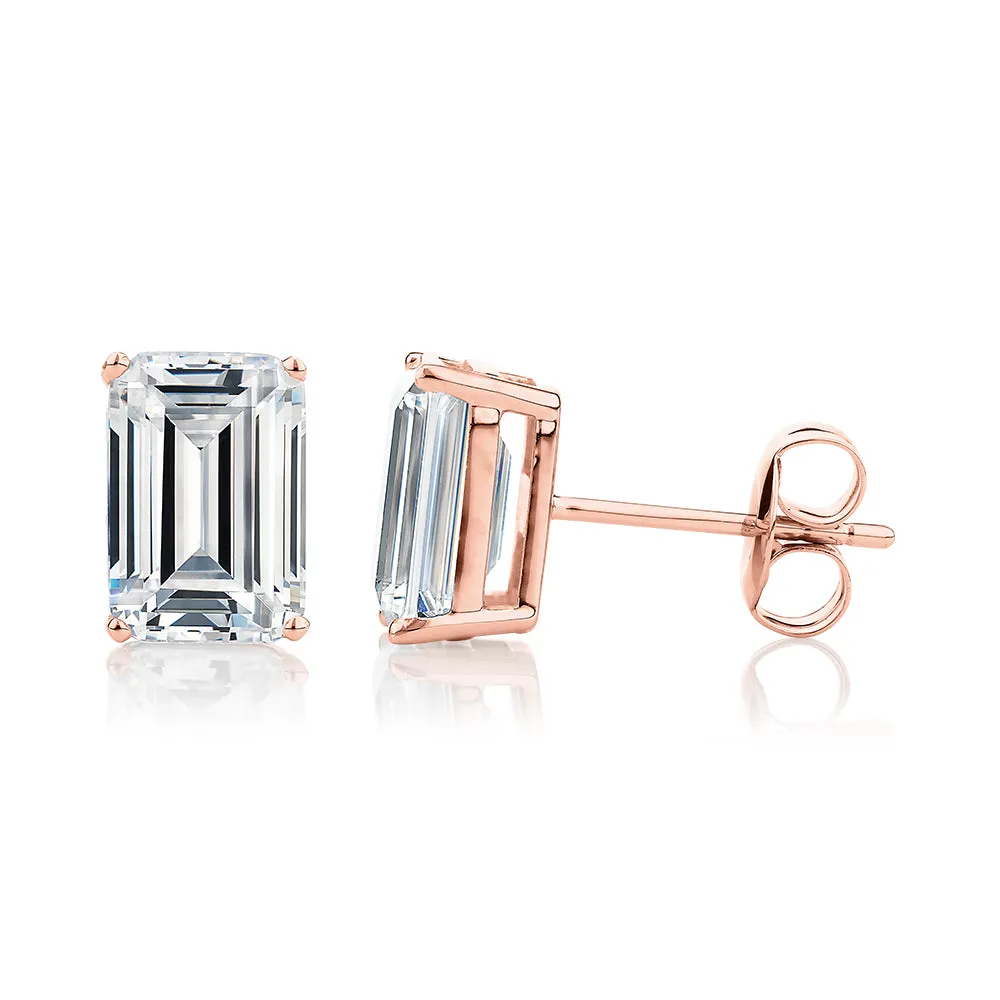 Emerald Cut stud earrings with 3 carats* of diamond simulants in 10 carat rose gold