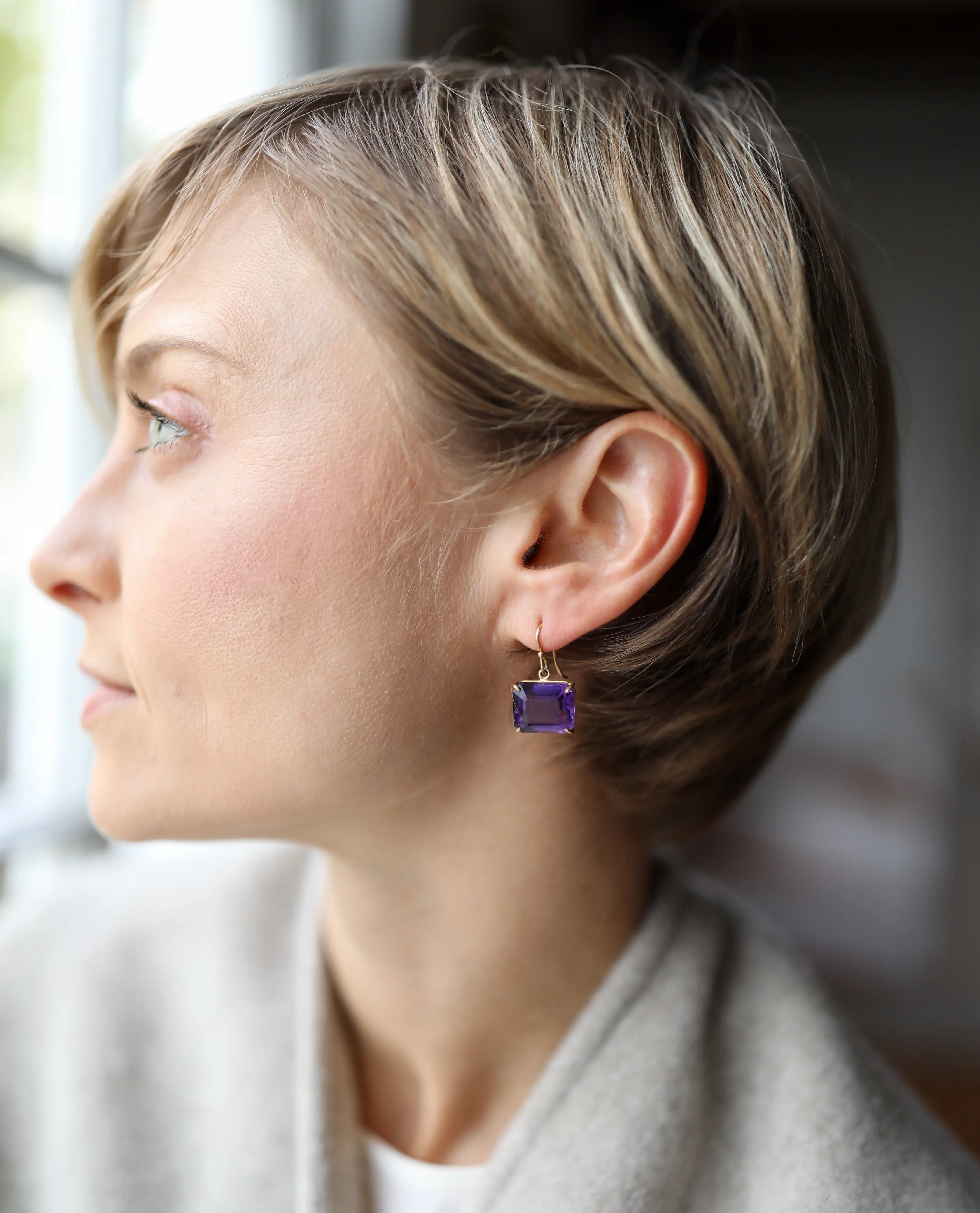 Emerald Cut Violet Amethyst Cube Earrings