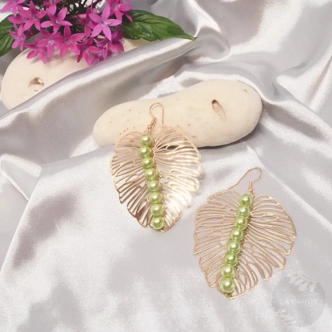 Emerald Monstera Golden Earrings