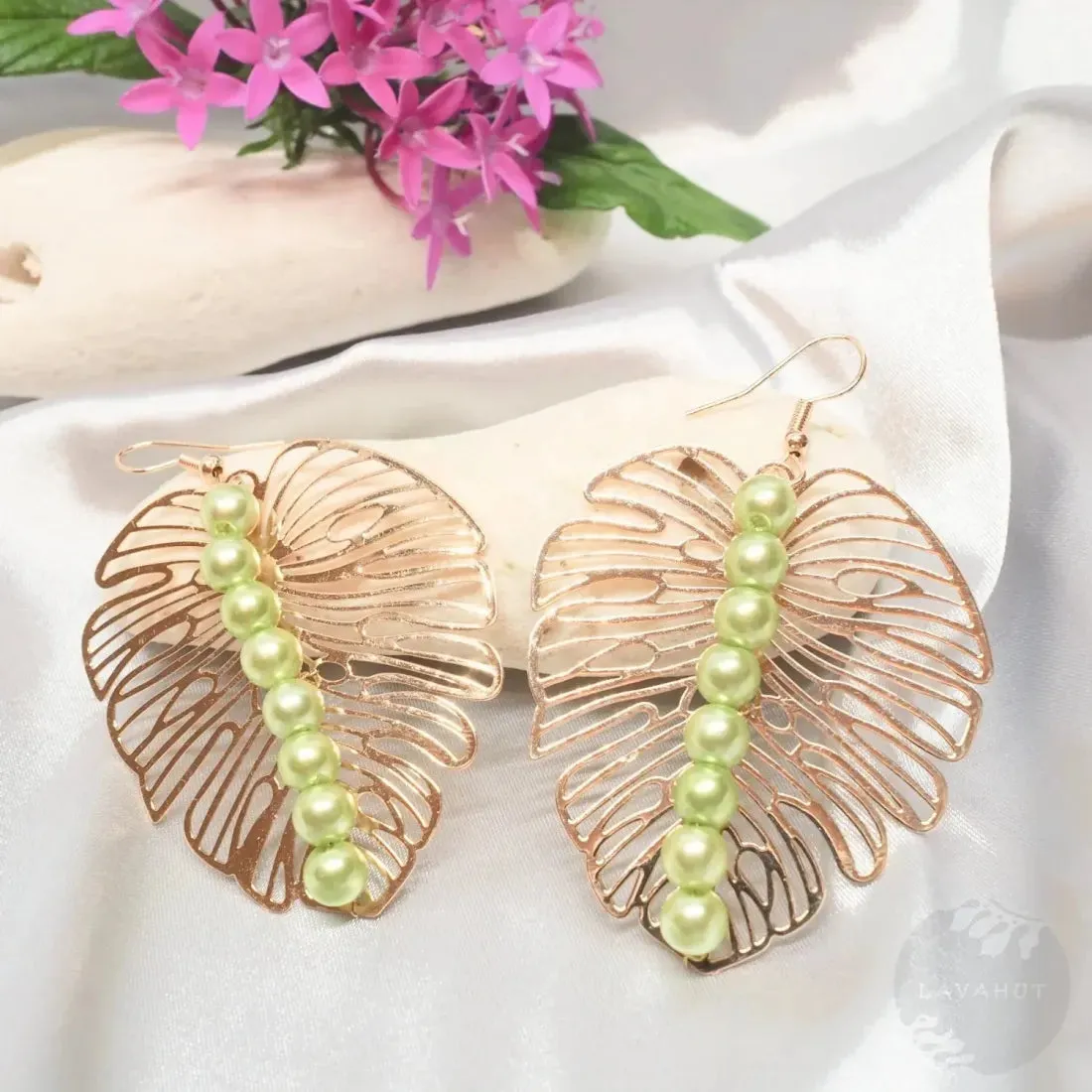 Emerald Monstera Golden Earrings