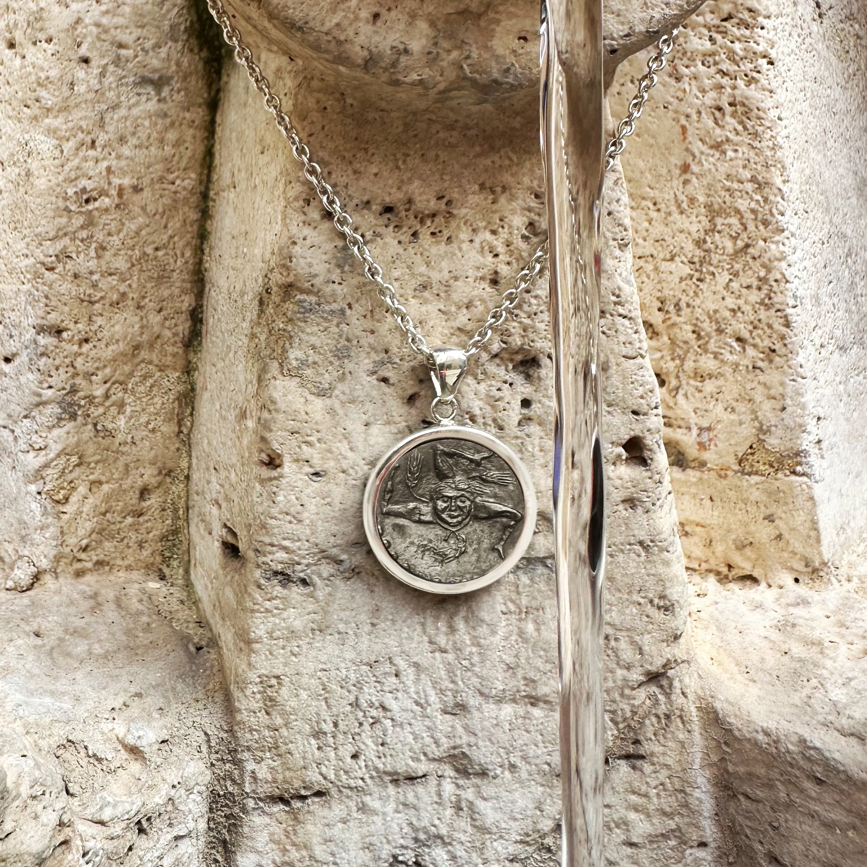 Genuine Ancient Roman coin 3rd century BC Pendant depicting a triskelion with Medusa and ears of corn