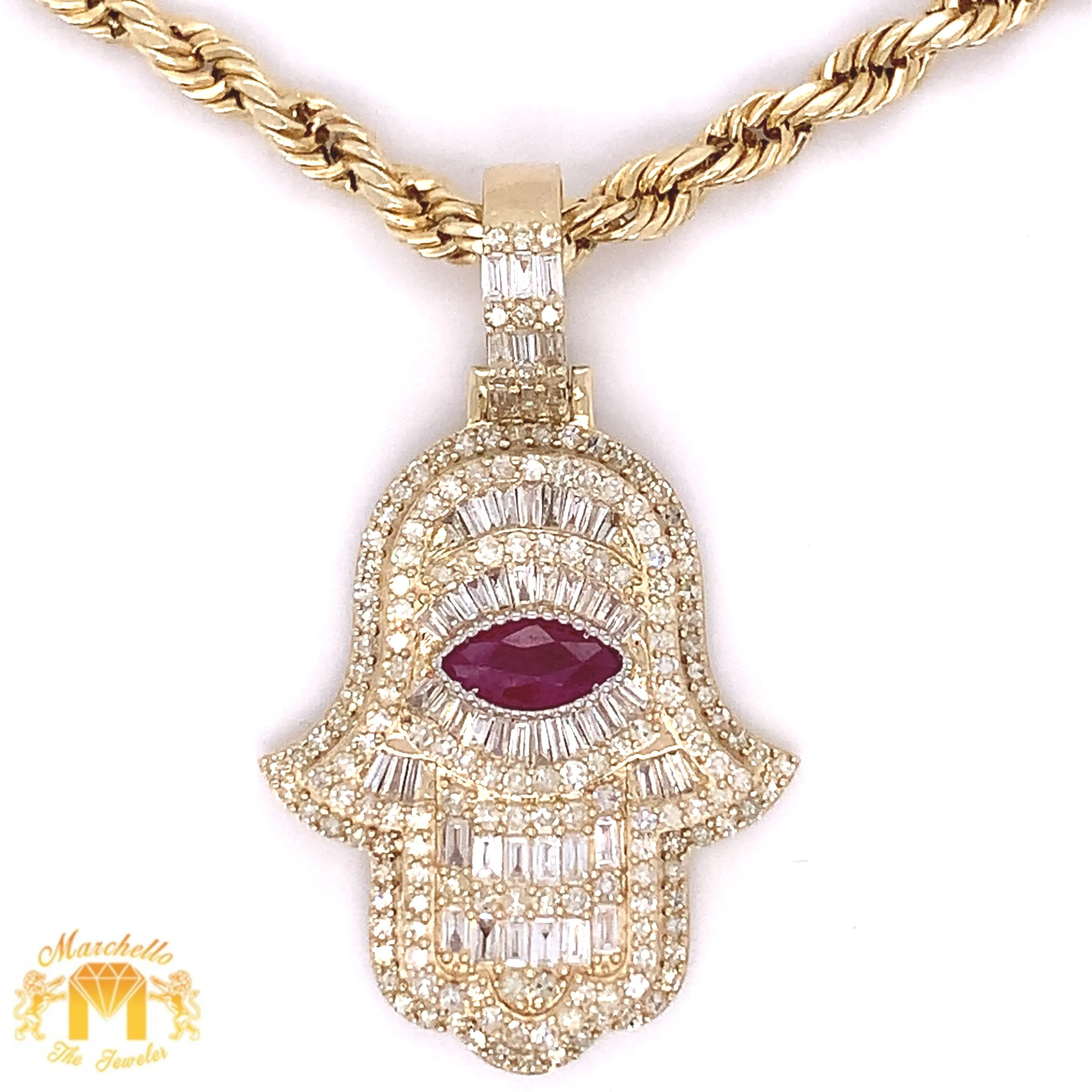 Gold and Diamond Hamsa Pendant with baguette and round diamonds and Gold Rope Chain Set