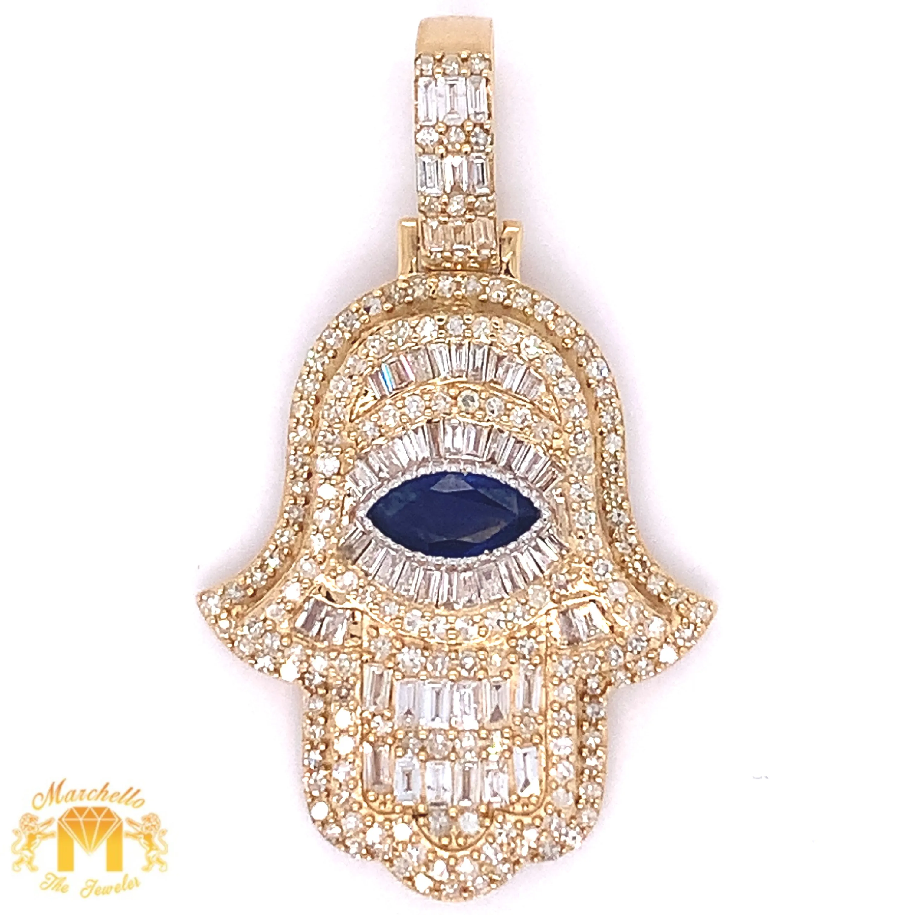 Gold and Diamond Hamsa Pendant with baguette and round diamonds and Gold Rope Chain Set