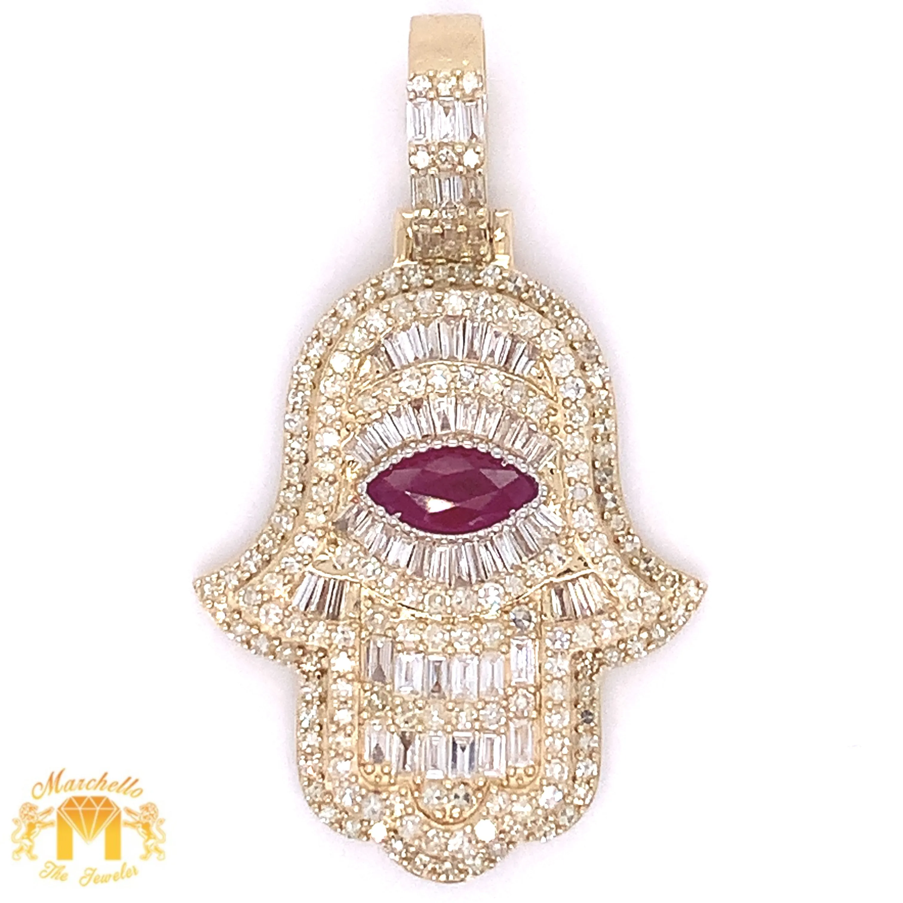 Gold and Diamond Hamsa Pendant with baguette and round diamonds and Gold Rope Chain Set