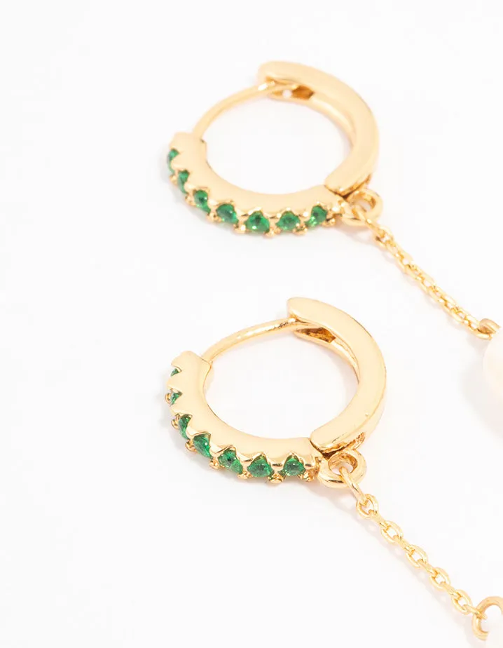 Gold Plated Cubic Zirconia Emerald & Freshwater Pearl Huggie Chain Drop Earrings