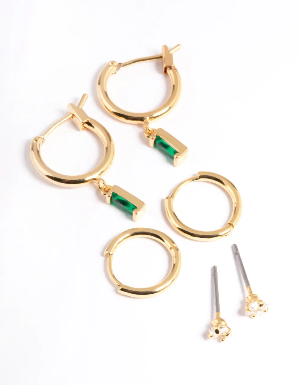 Gold Plated Emerald Huggie Earrings 6-Pack