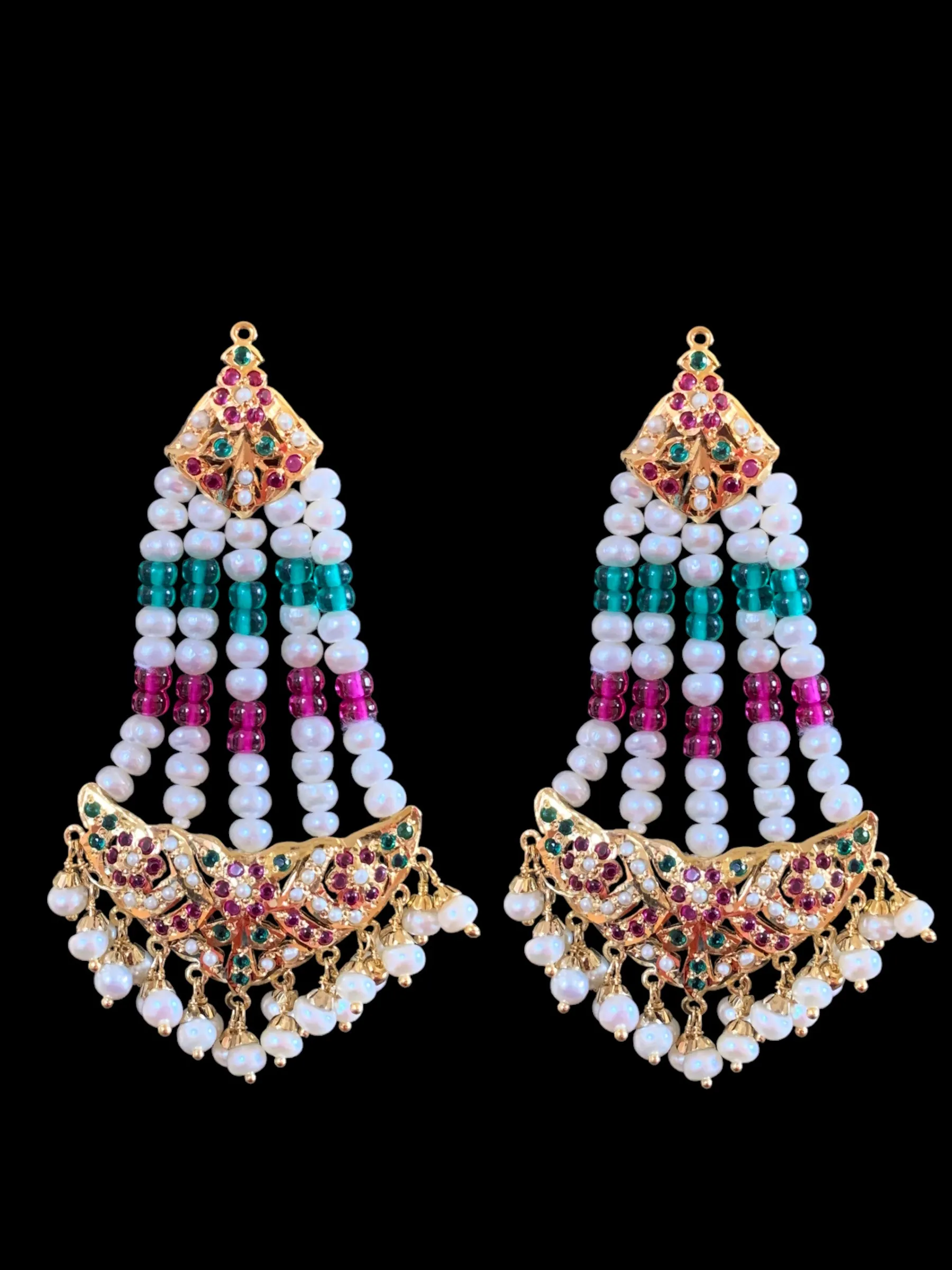 Gold plated silver ruby emerald jhoomar earrings