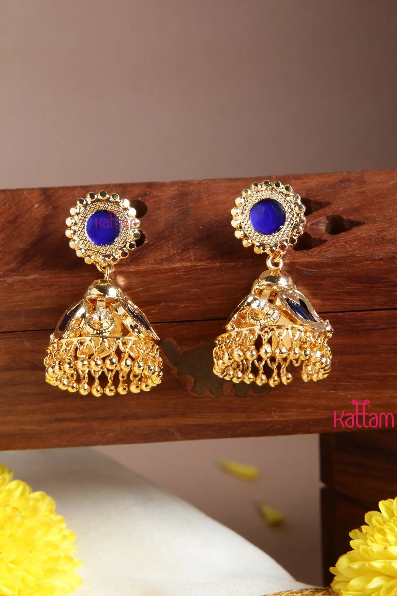 Goldtone Palakka Blue Manga Ruby Jhumka