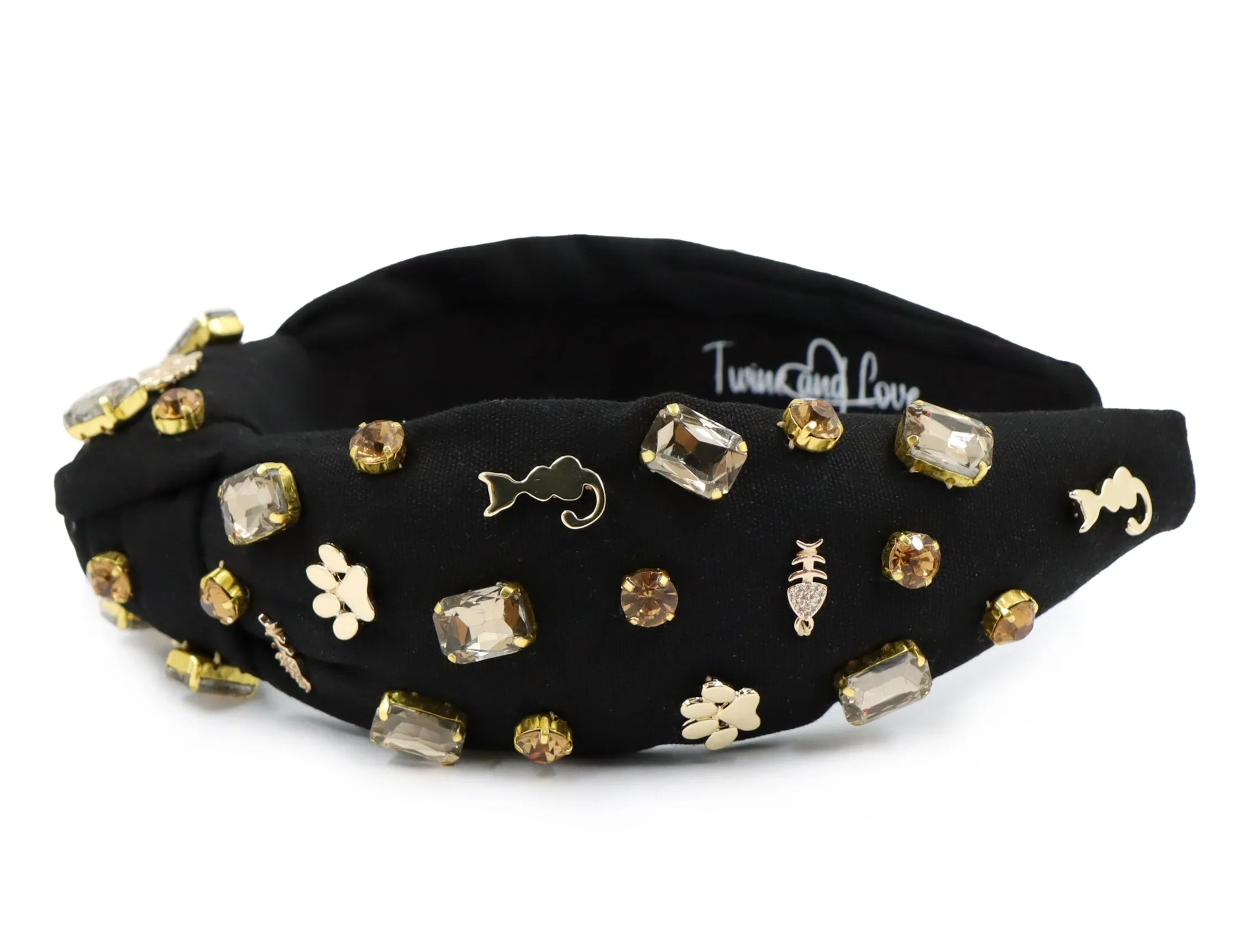 Hand Sewn Cat Lover Jeweled Knot Headband