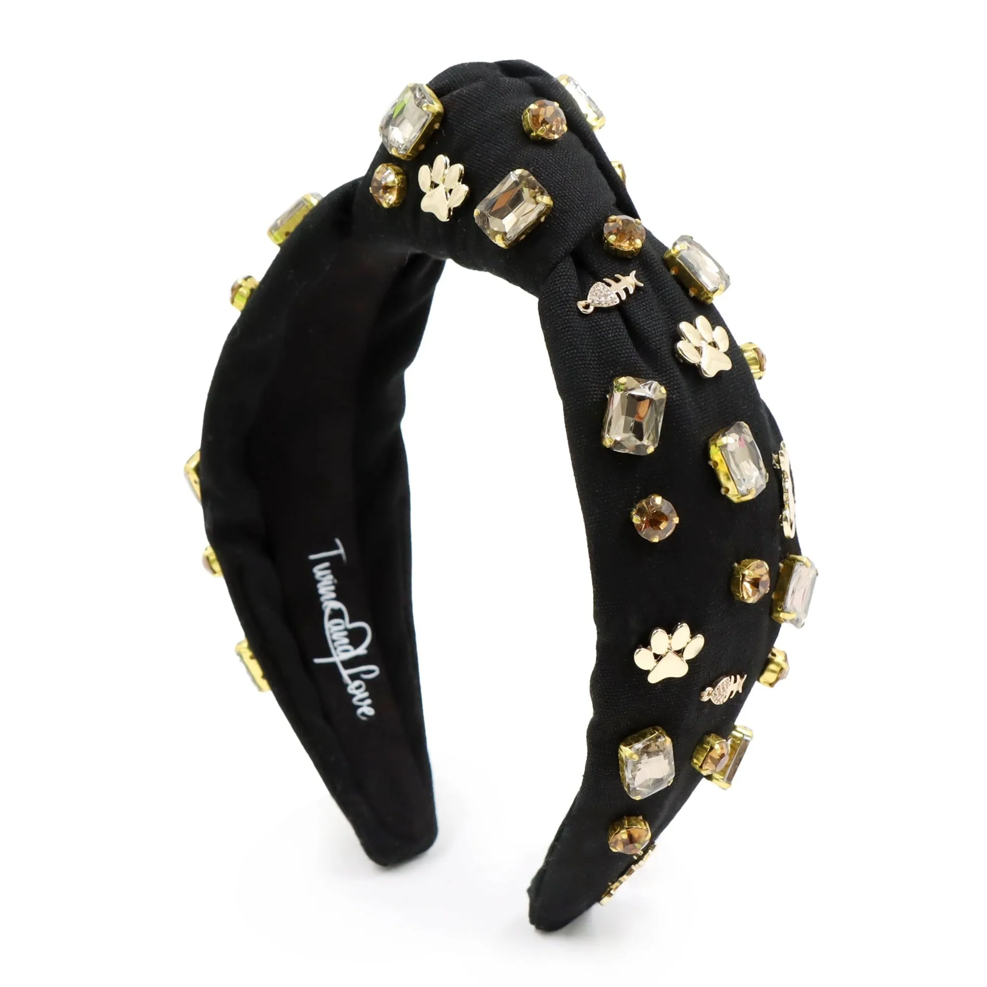 Hand Sewn Cat Lover Jeweled Knot Headband