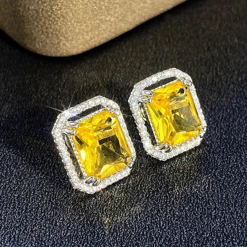 Huitan Geometric Stud Earrings with Yellow Cubic Zirconia Trendy Luxury Bright Color Earrings for Women Temperament Lady Jewelry